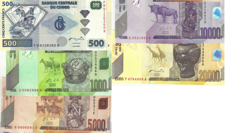 500, 1,000, 5,000, 10,000, 20,000 Francs  UNC 5 Banknote Set